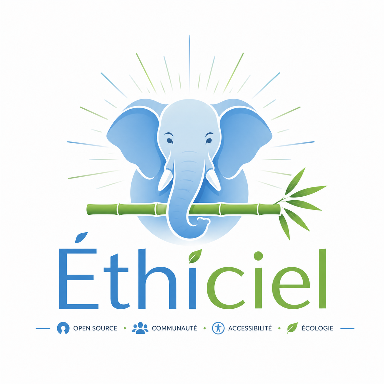 Logo Éthiciel : éléphant bleu tenant horizontalement un bambou vert et rayonnant